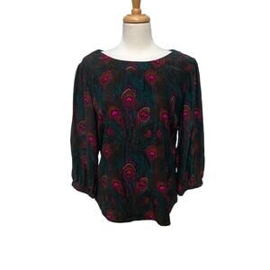 Britt Ryan Blouse Shirt‎ Sz M 100% Silk Peacock Feather 3/4 Sleeve Loose Boho
